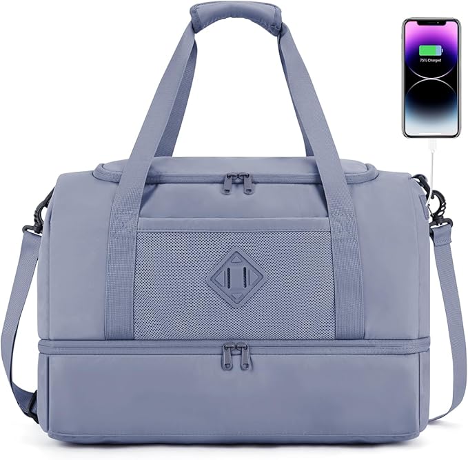 WANDF Travel Duffel Bag with Wet Pocket & Shoe Compartment, 18x14x8 Personal Item Bag with USB Charging Port, Water-Resistant Gym Weekender Overnight Carry-on for Women Men (Grey)