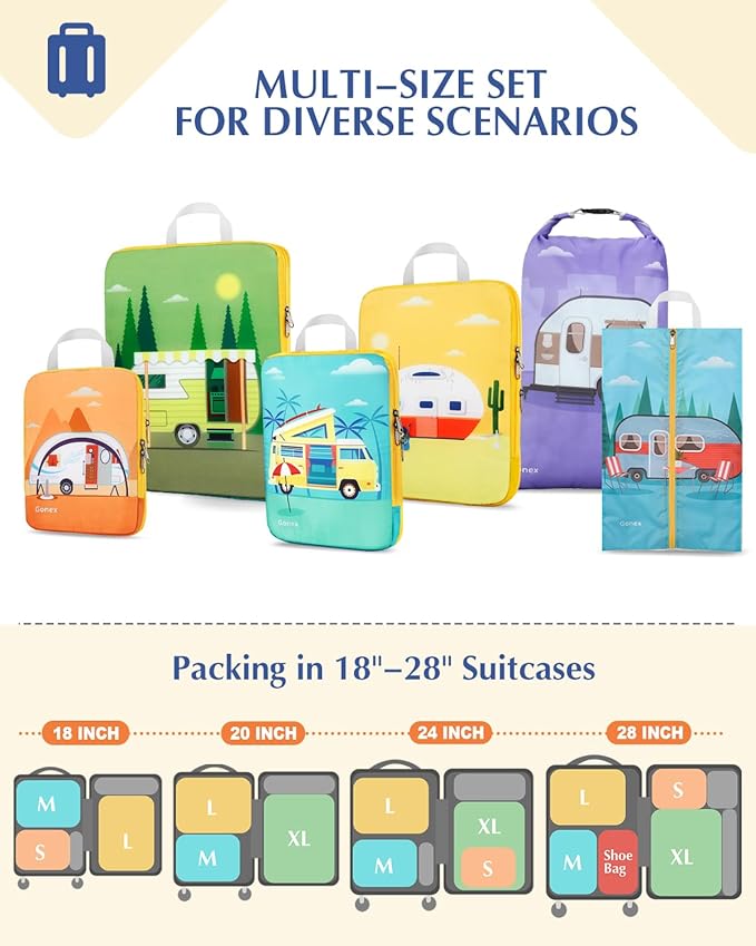 Gonex Compression Packing Cubes, 6pcs Expandable Storage Travel Luggage Bags Organizers with Shoe Bag Laundry Bag, Travel Cubes for Suitcase Carry On (RV)