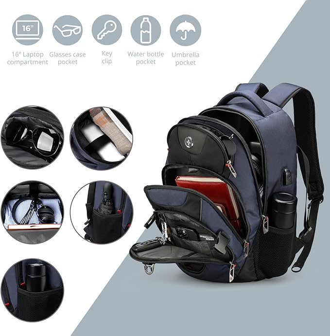 Swissdigital Design Travel Backpack for Men with Apple Find My, Laptop Backpack with USB Charging Port, RFID Protection, Add-A-Bag System - Travel Backpack for Men-Finder Color Random | SD803BT013-12