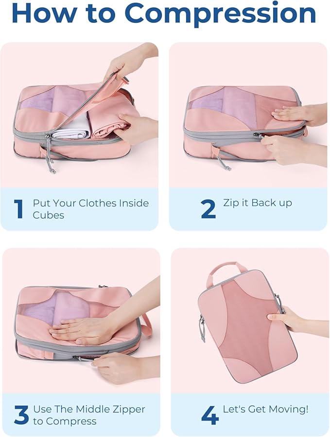 BAGSMART Compression Packing Cubes for Travel, Compressible Luggage Organizer for Cruise Ship, Lightweight Travel Essentials 6-Pack 1L+2M+2S+1Shoe Bag