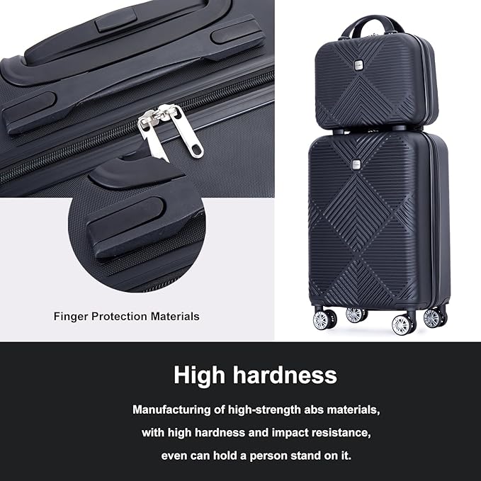2 Piece Carry on Luggage Set, Airline Approved 20 Inch Luggage with Cosmetic Case HardShell Suitcase with Spinner Wheels, Lightweight Durable Hardside Suitcases Set, Dark Black