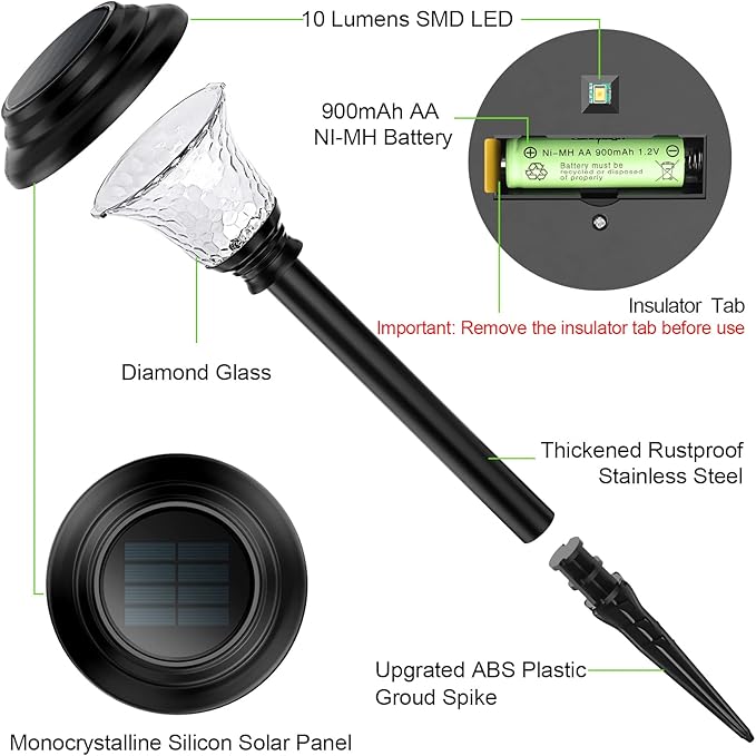 Glass Solar Lights Outdoor waterproof, 8 Pack Super Bright Solar Pathway Lights, Up to 12 Hrs Long Last Auto On/Off Garden Lights Solar Powered, Stainless Steel LED Light For Yard Landscape Warm White