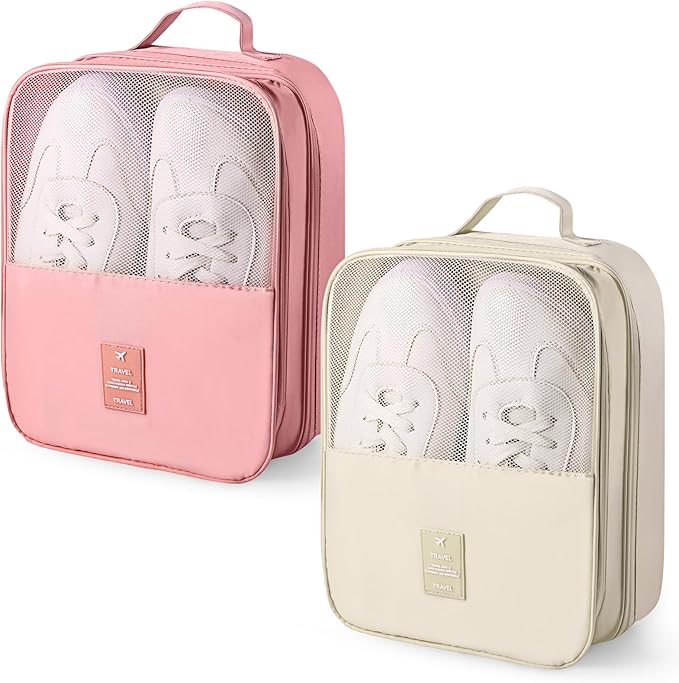 Windyun 2 Pcs Shoe Bags for Travel Holds 3 Pair of Shoes Travel Shoe Bag for Packing Portable Shoe Cubes for Travel and Daily Use(Pink, Beige)
