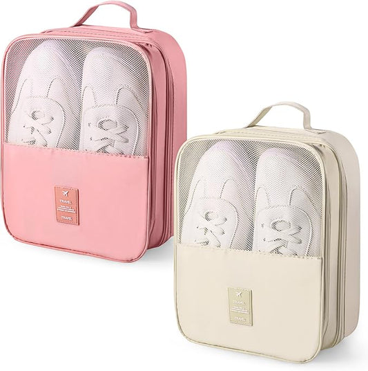 Windyun 2 Pcs Shoe Bags for Travel Holds 3 Pair of Shoes Travel Shoe Bag for Packing Portable Shoe Cubes for Travel and Daily Use(Pink, Beige)