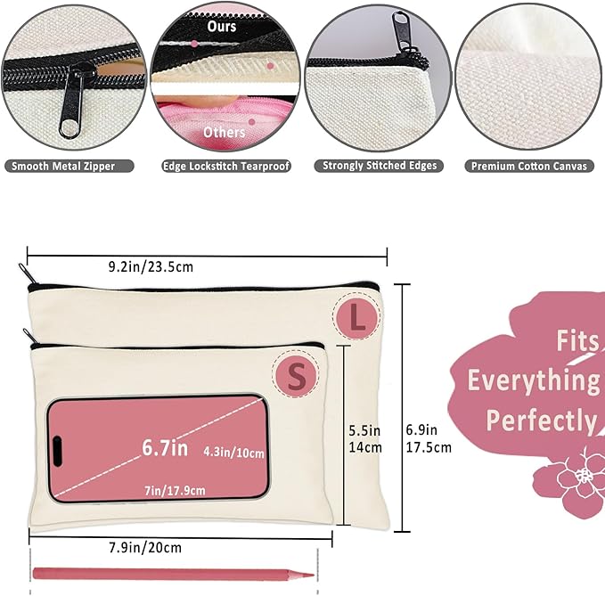 Koolmox 30 Pencil Pouch with Zipper 8x5'', Cotton Canvas Toiletry Pouch, Bulk Plain Cosmetic Bags for Women Pencil Case Vinyl Projects Crafts, Beige Make Up Pouches with Black Zippers