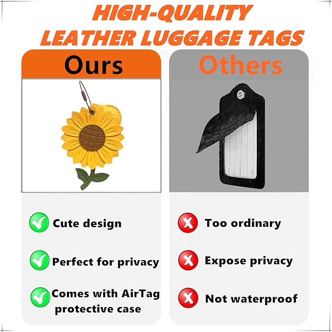 Cute Leather Luggage Tag Holder with Airtag Case Set,Hidden Compartment for AirTag Travel Suitcase Tracking Case with Stainless Steel Loop,Name ID Label(Sunflower)