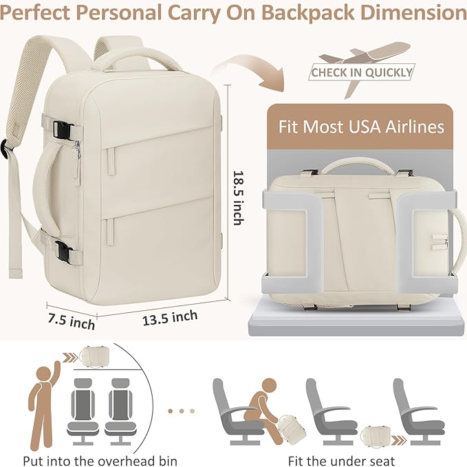 Large Travel Backpack for Women Personal Item for Airlines17 Inch Laptop Backpack College Business Work Weekender Hiking Travel Essentials Womens Travel Backpack Beige