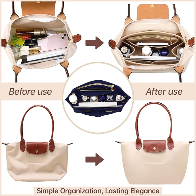 OPPOSHE Purse Organizer Insert for Longchamp Le Pliage, Premium Felt Long Champ Bag Handbag Women, Tote Organizer Insert with 9 Compartments (Large, Navy)