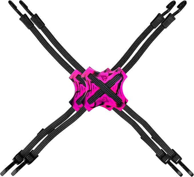 Tack Strap – 4-Way Flat Bungee Cord with Rubber Pad Grip, Non-Slip Tie Down Straps for Motorcycle, ATV, Kayak, Cycling, Camping, Truck Storage, Adjustable Bungee Cords - 2 Pack (Black & Pink)