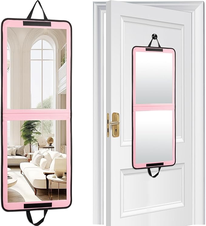LPHUMEX Foldable Full Length Mirror Pink with Black Handles, 13x33 Portable Folding Body Mirror for Dance, Festival, Travel