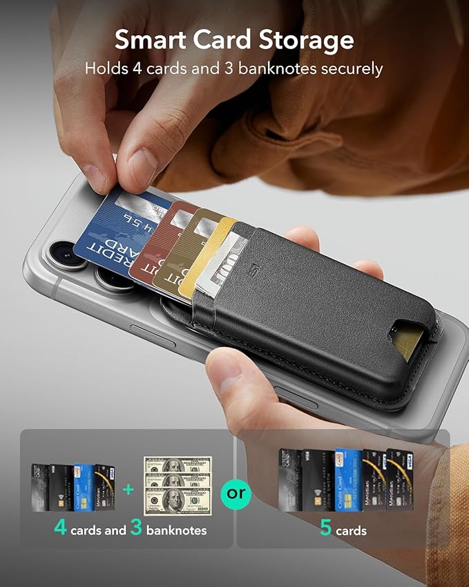 ESR for MagSafe Wallet, 5 Card Holder with RFID Blocking, MagSafe Sticker Included, Slim Magnetic Wallet for iPhone 17e/17/16/15/14/13/12 Series and Selected Samsung Devices, Not for 13/12 Mini, Black