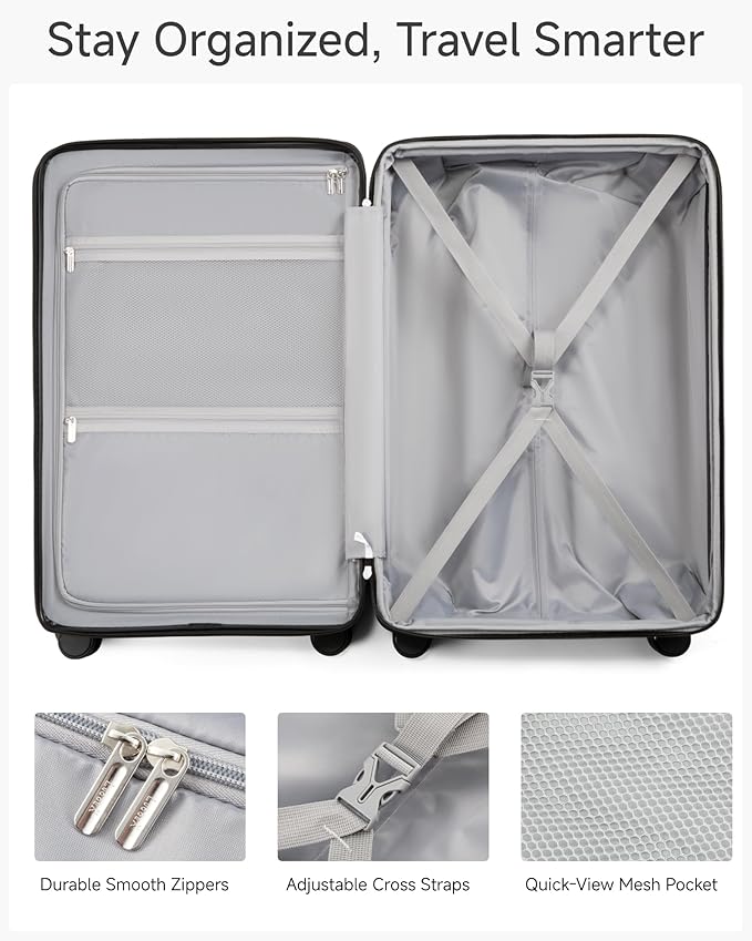 LUGGEX 24 Inch Luggage with Spinner Wheels, KVC Expandable Hardside Medium Checked Suitcase (EX-Core, Charcoal Metallic, 24 Inch, 70L-76L)