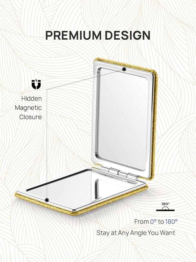 OMIRO Compact Mirror, Glitter PU Leather 1X/3X Magnification, Ultra Portable for Purses, 2.4" W x 3.4" L (Gold)