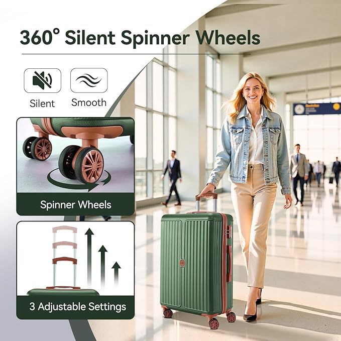 Hoteel Luggage Sets 3 Piece ABS+PC Hardside, 4-Year Warranty, Luggage Set with Spinner Wheels, TSA Lock, Lightweight Carry on Luggage, 20" Suitcase with Duffel & Organizer, Dark Green