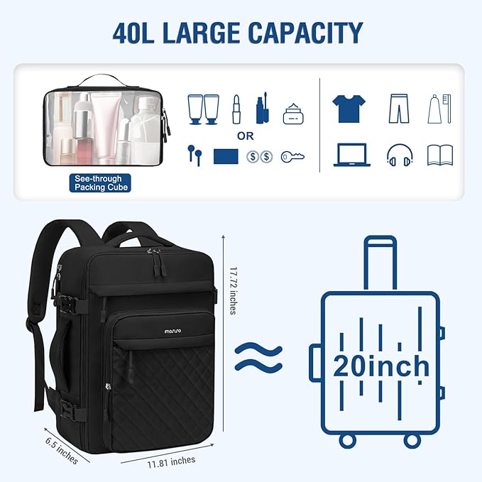 MOSISO Travel Backpack for Women Men, 17-17.3 inch Rhombus Quilted Laptop Backpack Flight Approved with Packing Cubes, Carry on Daypack with USB Port for College Work Business, Black