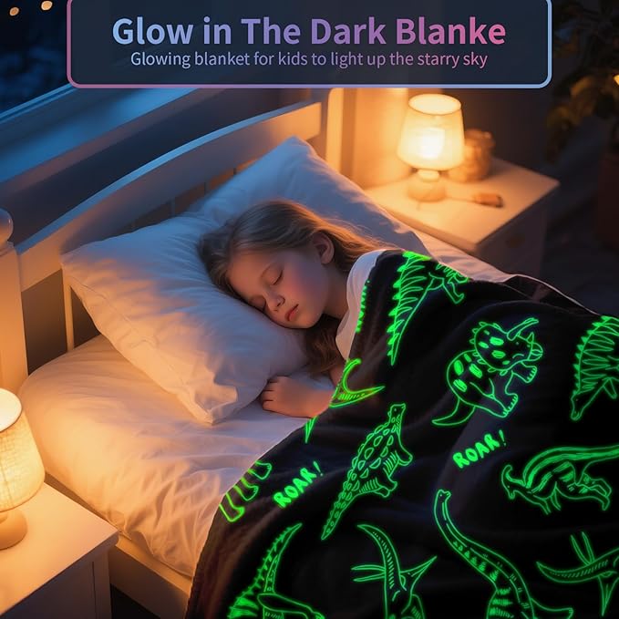 TEHALK Dinosaur Glow in The Dark Blanket for Boys/Girls/Toddler/Baby, Dinosaur Toys for Boy Age 3-12, Cute Funny Kids Throw Blanket for Birthday/Gifts 40"x 60"