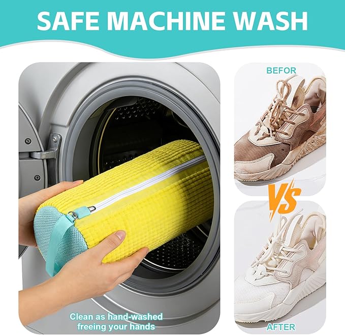 Shoe Washing Machine Bag 4pcs Reusable Sneaker Washing Bag with Built-in Fluffy Brushes for 360° All-Around Cleaning. Laundry Shoe Bag is Designed for Washer and Dryer （Yellow 4pcs）