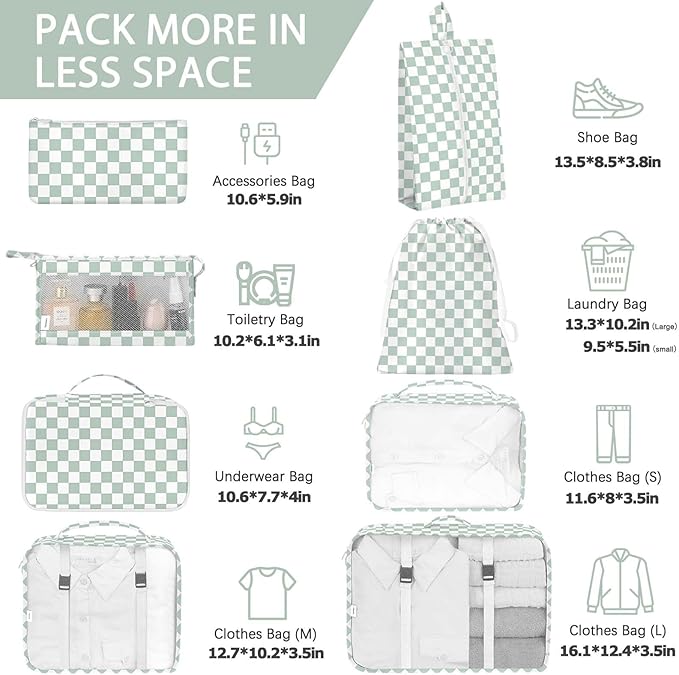 KPX 8 Set Packing Cubes for Travel, Luggage Packing Organizers Accessories Large Toiletries Bag for Clothes Shoes Cosmetics (8Set-Green Checkered)