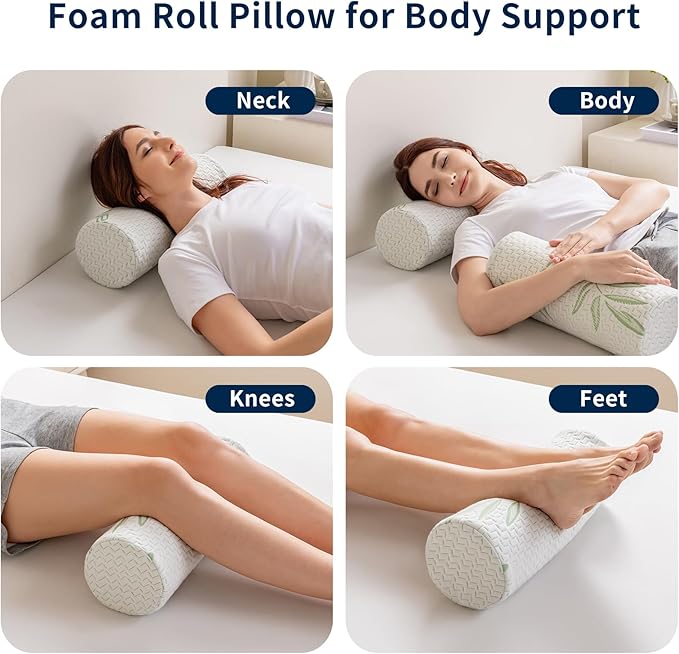 Neck Roll Pillow for Neck Pain Relief - High Resilience Foam Round Bolster Pillow for Cervical Support with Removable Washable Cover for Sleeping, Travel Legs Back Yoga (17X6 inch)