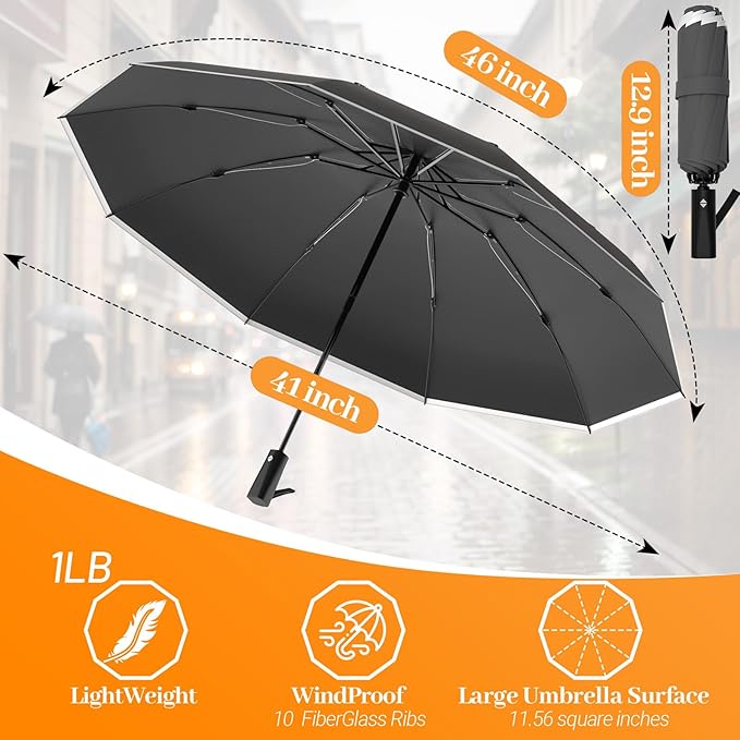 ExploreBliss Travel Umbrella Superior, Beautiful & Compact, Large Strong but Light Portable and Automatic Folding Rain Umbrella, Premium Grip, Fits Car & Backpack