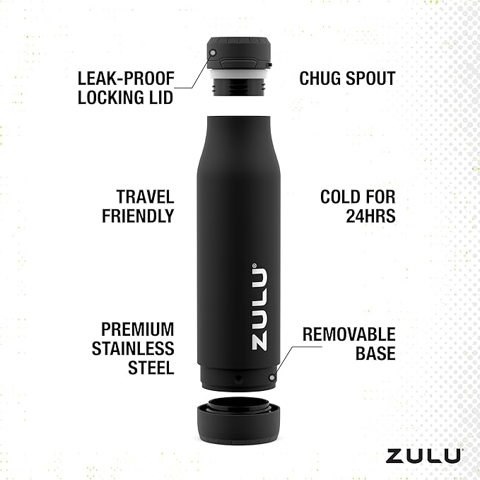 ZULU Ace Vacuum Insulated Stainless Steel Water Bottle with Chug Spout, Leak-Proof Locking Lid and Removable Base for School, Backpack, Sports, Gym, Travel