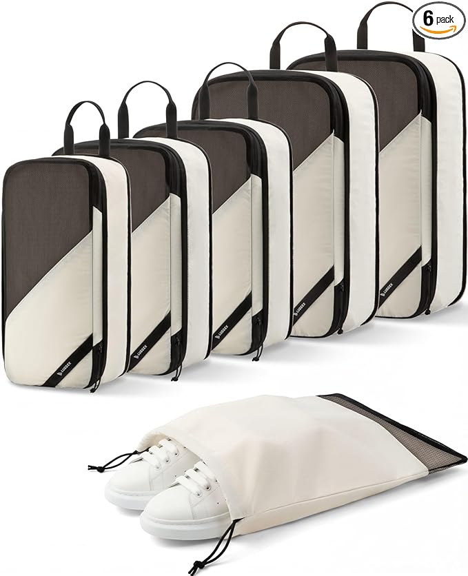 LUGGEX Packing Cubes for Travel, POX01 Luggage Organizers Bags, Suitcase Organizer with Shoe Bag, 6 Set Travel Cubes for Packing (POX-Core, Beige)