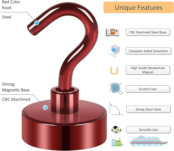 Neosmuk Magnetic Hooks,0.4lb Heavy Duty Earth Magnets with Hook for Refrigerator, Extra Strong Cruise Hook for Hanging, Magnetic Hanger for Cabins, Grill (Red, 6 Pack)