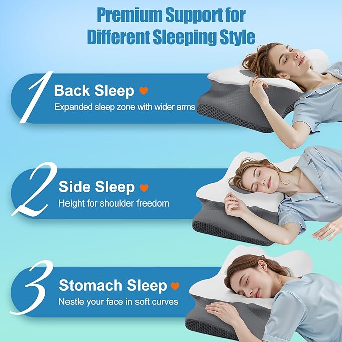 Cervical Neck Pillow for Sleeping, Memory Foam Pillow for Neck Support, Ergonomic Pillow for Pain Relief, Contour Bed Pillow for Side Back Stomach Sleepers, Grey, Queen Size