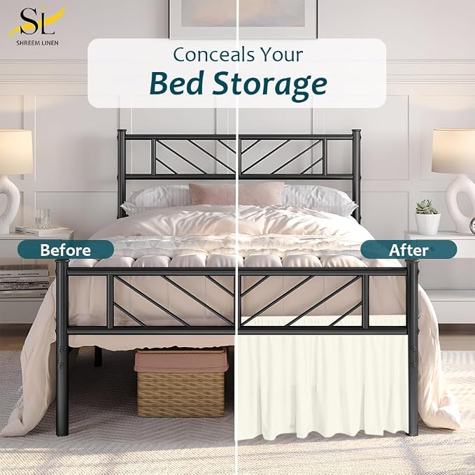 Shreem Linen Ruffled Bed Skirt with Split Corners, Gathered Style, 100% Microfiber, 24-Inch Drop, Dust Ruffle Bedskirt with Platform, Full, Ivory