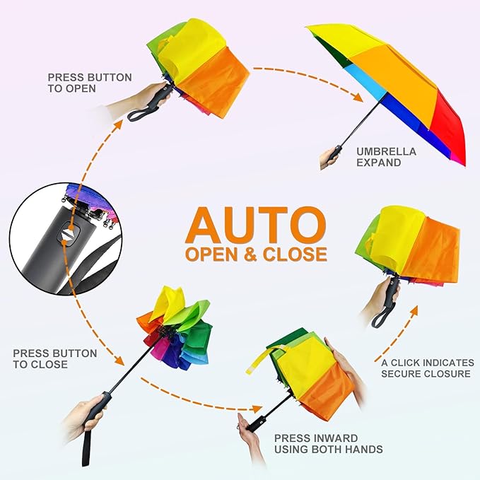 Rainbow Umbrella Automatic for Adults - Compact Folding Auto Open Close Double Canopy Vented Windproof Folding Travel Iridescent Umbrellas for Rain&Sun