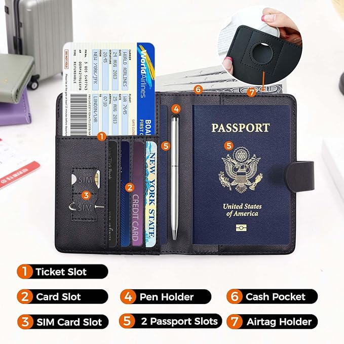 Melsbrinna Premium Leather Passport Holder Covers Case, Waterproof Rfid Blocking Travel Wallet Passport Holder with Pen Holder, Cute Passport Book for Women/Men