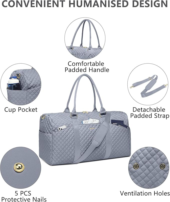 Women Weekender Travel Duffle Bag: Travel Duffel Overnight Bags with Shoe Compartment Large Carry on Tote with Toiletry Bag Weekend Traveling Yoga Gym Hospital Bag for Women with Wet Pocket Grey