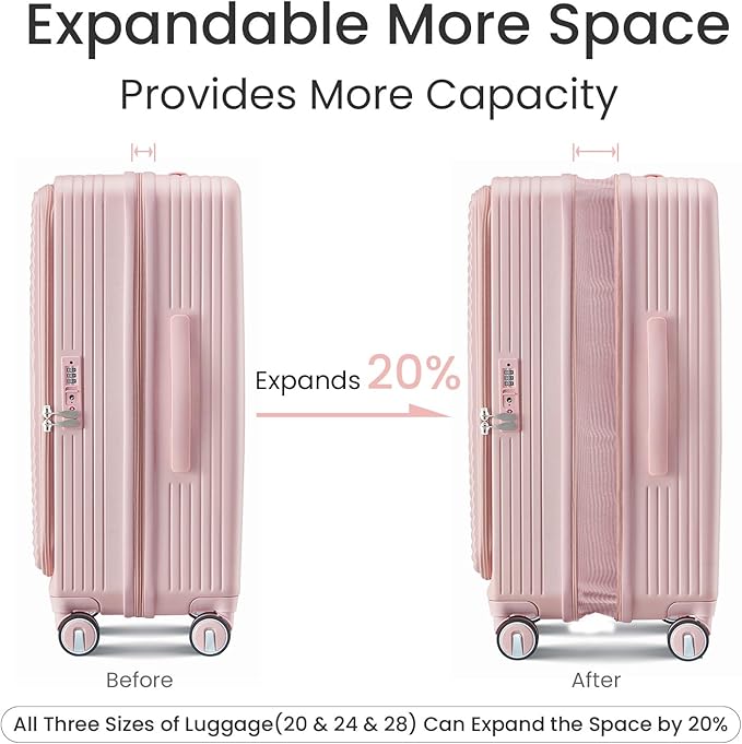 3 Piece Luggage Set 100% PC Hardshell, Front Opening Expandable Suitcase (20/24/28) with Laptop Compartment & Free Custom PVC Covers, Trunk Style Lightweight Spinner Wheels TSA Lock (Pink)