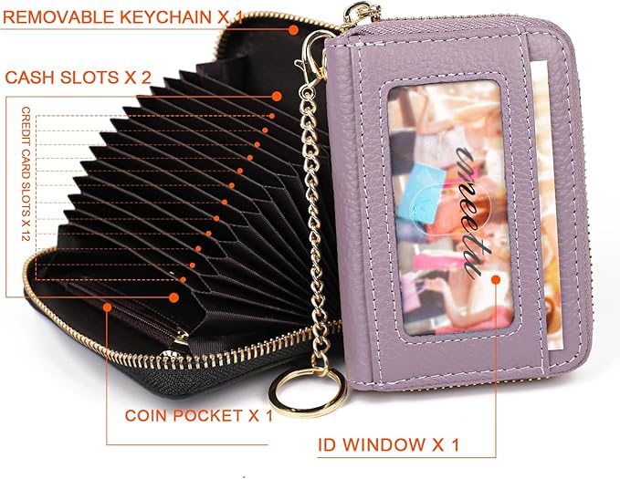 imeetu RFID Credit Card Holder, Small Leather Zipper Card Case Wallet for Women