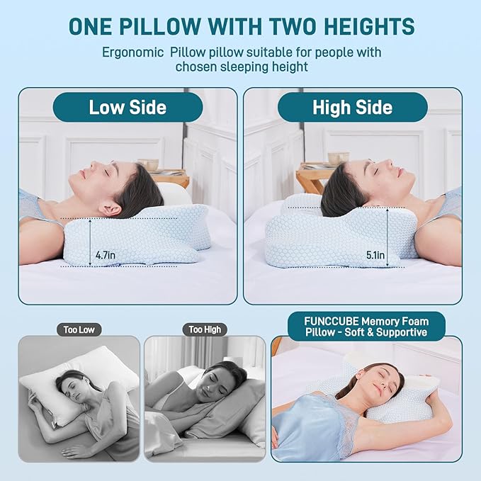 Cervical Neck Pillow - Memory Foam Pillow for Pain Relief Sleeping, Ergonomic Neck Support Contour Pillows for Side Back Stomach Sleepers,Orthopedic Breathable Pillowcase (Blue White)
