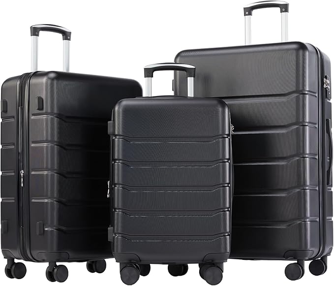 OLIXIS 3-Piece Suitcase Set, Hardside Luggages with Spinner Wheels, Lightweight ABS Hard Shell Travel Luggage, Expandable Carry-On Suitcase with TSA Approved Lock–Black(20+24+28 Inch)