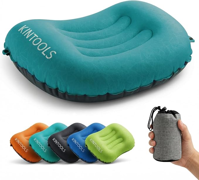 Camping Pillow-Compressible, Ultralight Inflatable,Compact, Comfortable, Ergonomic Inflating Pillows for Neck & Lumbar Support While Camp, Hiking(Grain Blue,with Anti Slip Straps)
