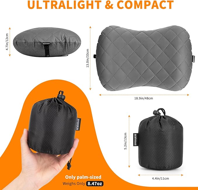 Rewondah Inflatable Camping Pillow –Compact, Ultralight Blow Up Backpacking Pillow with Removable Cover, Ultimate Comfort for Camp, Travel, and Easy to Inflate