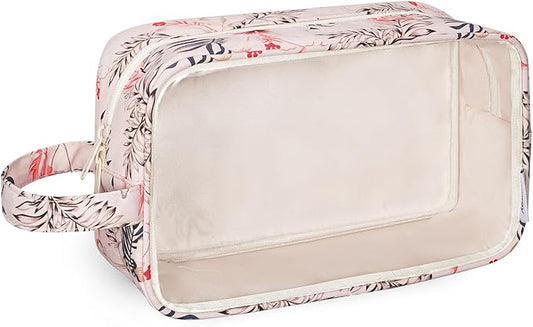Narwey Clear Toiletry Bags for Traveling Women Men, Clear Travel Bags for Toiletries Makeup Bag Cosmetic Bag with Zipper, Make Up Organizer, Skincare Bag (Beige Flamingo)