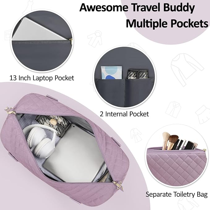 Quilted Travel Duffle Bag for Travel Women with Toiletry Bag, Large Weekender Bags for Women Carry on Duffel Overnight Bag, Waterproof Travel Tote Bags for Sports, Weekender, Business, Purple