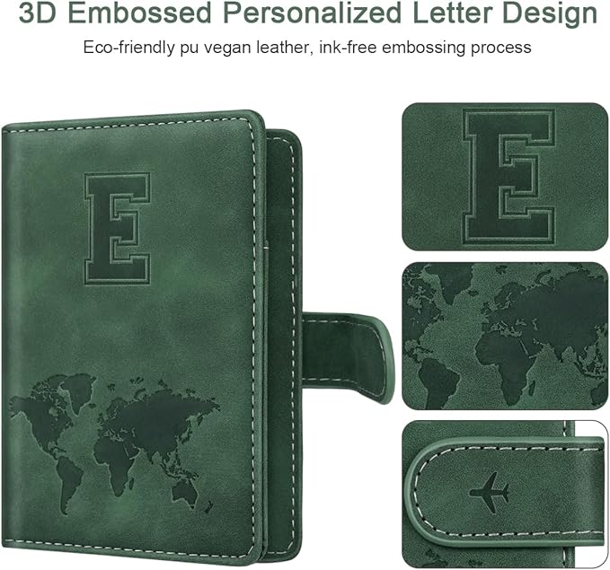 Personalized E Passport Holder Cover Initial Letter Travel Wallet RFID Blocking Passport Cover Credit Card Holder Case Passport Book Holders for Women and Men, Pine Green-E
