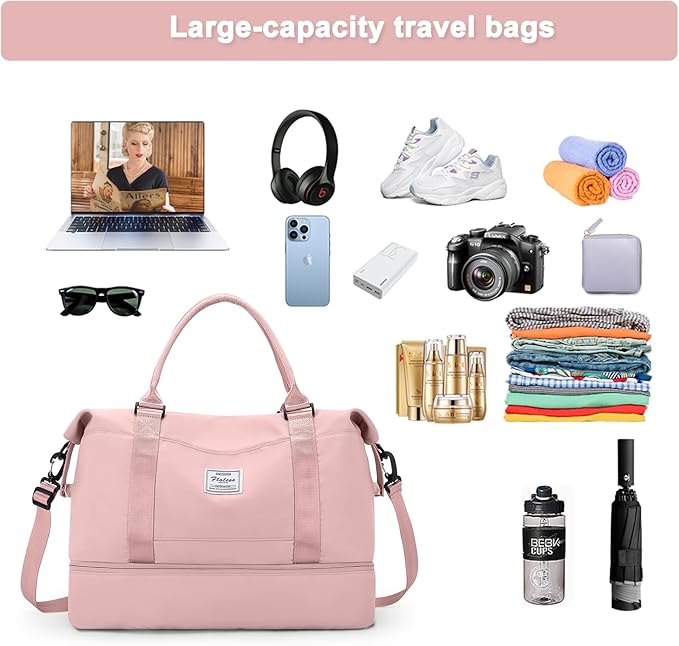 HYC00 Travel Duffel Bag,Carry-on Overnight Weekender Bags for Women,Sports Tote Gym Bag with Wet Pocket