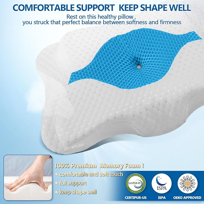 Memory Foam Pillows, Cervical Pillow for Neck and Shoulder Pain Relief, Ergonomic Contour Bed Pillow, Soft for Side Sleep Stomach Sleeping and Back Sleeper-Queen Size&Blue