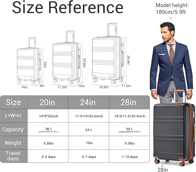 Kono 3 Piece Luggage Sets Expandable with Spinner Wheels TSA Lock Lightweight PC+ABS Hardside Travel Rolling Suitcases 20in 24in 28in Carry on Apricot Black