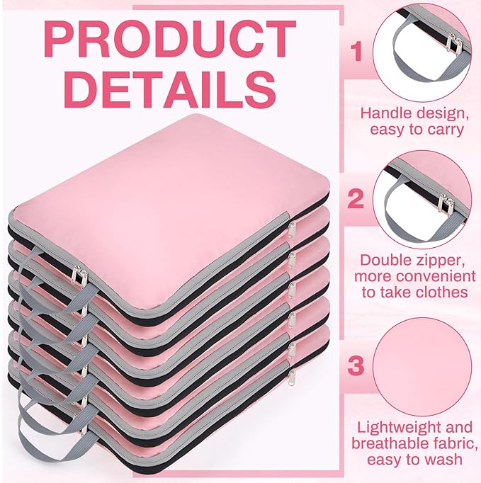 Hosuly 6 Pcs Ultralight Compression Packing Cubes for Travel 17.3 x 12.6'' XL Large Expandable Luggage Organizers for Save Space Family Long Trips (Pink)