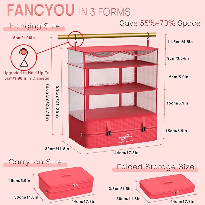 Compressible Packing Cubes Portable Hanging Closet Shelves 17"x12"x24" Extendable Travel Organizer Nylon Packing Bags for Suitcase
