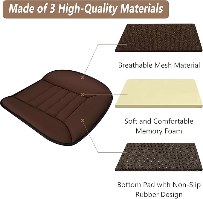 MYFAMIREA Car Seat Cushion Pad 1.2" Thick Comfort Protector for Car Driver Seat Office Chair Home Use Memory Foam Cushion with Non Slip Bottom, 20'' x 18.5'', Coffee