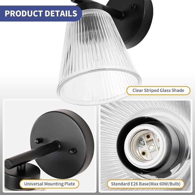 OCIOC Set of 2 Wall Sconces for Bathroom, Black Modern Vanity Light Fixtures with Striped Glass Shade, Mount Lighting Lanterns for Mirror, Living Room, Bedroom, Hallway, Farmhouse
