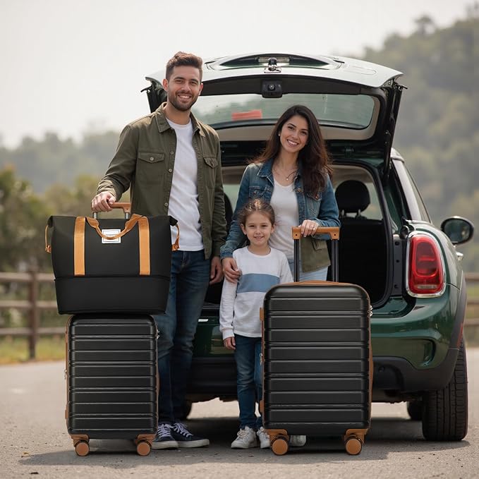 6 Piece Luggage Set Hard Shell - Black Expandable Suitcases with Spinner Wheels and Duffel Bags for Family Travel, Durable Carry On Luggage Sets with Lock for Women and Men