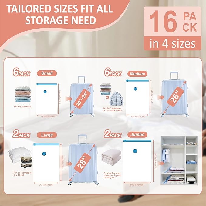 Cozy Essential Travel Vacuum Storage Bags with Rechargeable Cordless Electric Pump, Space Saver Bags for Luggage, Suitcase, Carry-On, for Clothes, Blankets, Comforters, Pillows, 16 Combo